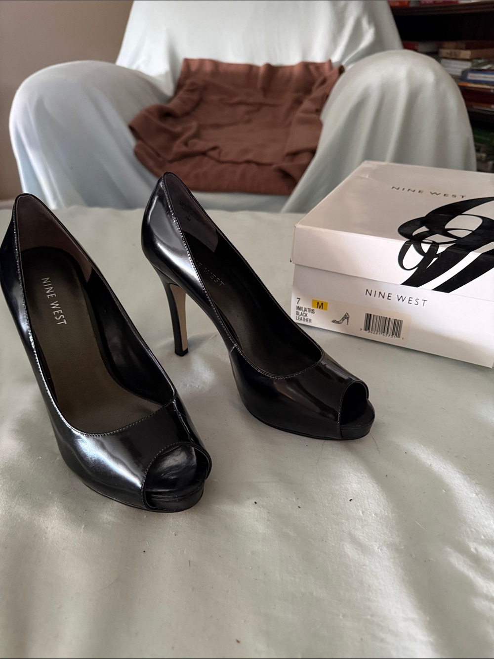 Nine West Black Patent Leather Peep-Toe High Heels